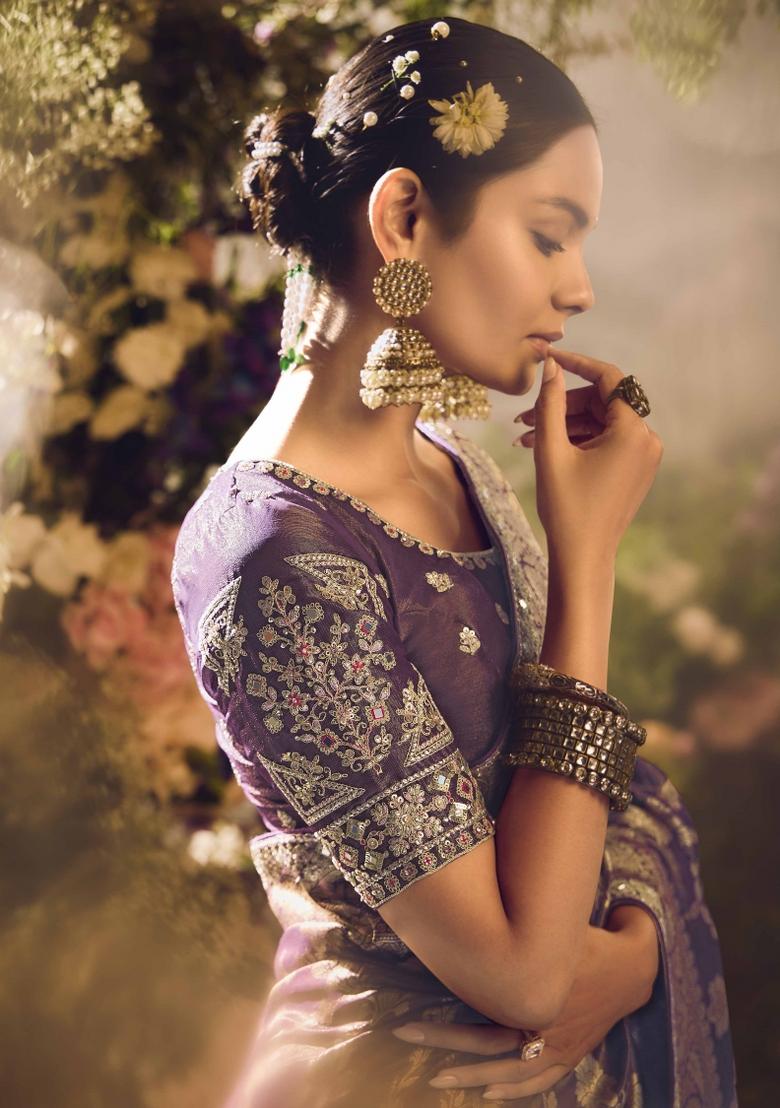 Mauve Blue Embroidered Banarasi Silk Saree Set