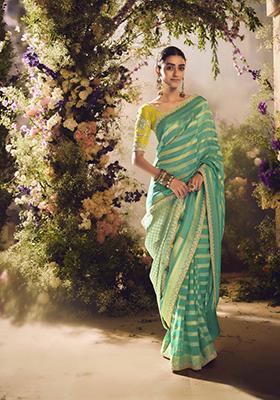 Green Embroidered Banarasi Silk Saree Set