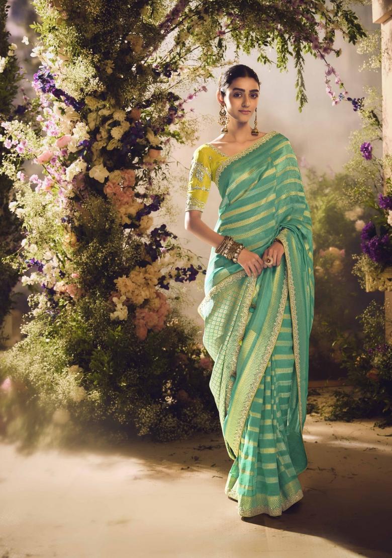 Green Embroidered Banarasi Silk Saree Set