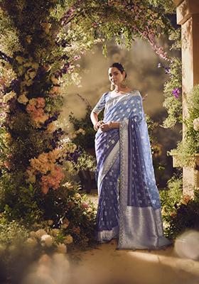 Grey Embroidered Banarasi Silk Saree Set