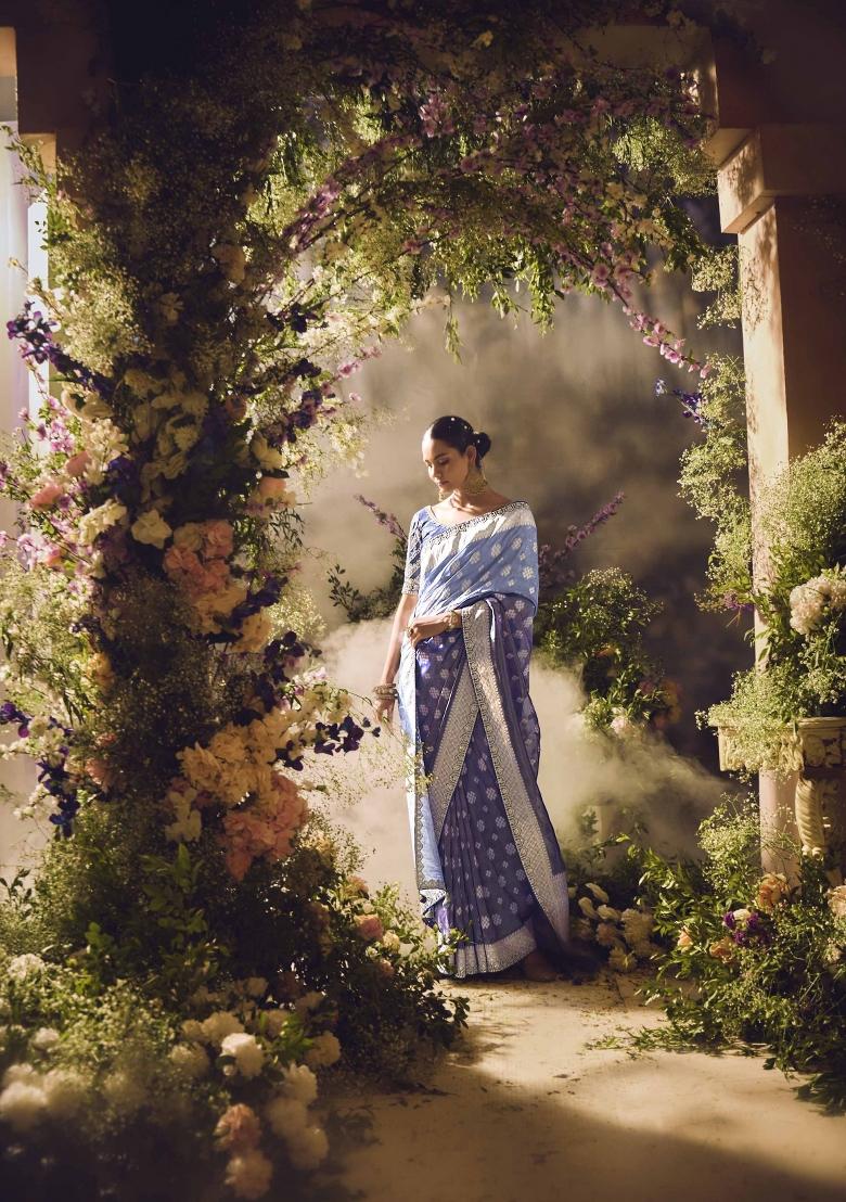 Grey Embroidered Banarasi Silk Saree Set