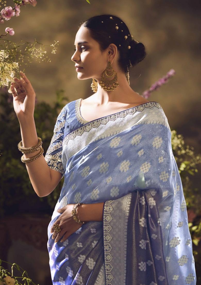 Grey Embroidered Banarasi Silk Saree Set