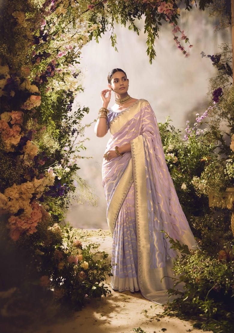 Lavender Embroidered Banarasi Silk Saree Set