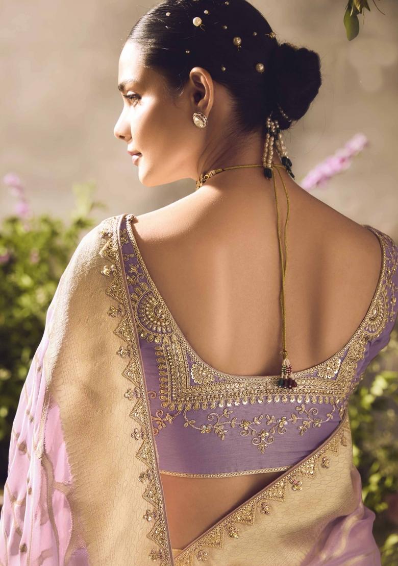 Lavender Embroidered Banarasi Silk Saree Set