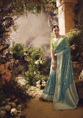 Green Embroidered Banarasi Silk Saree Set