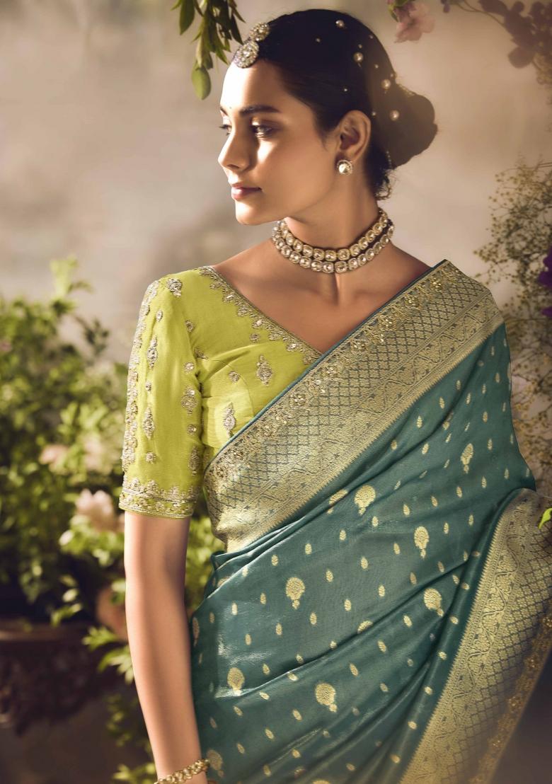 Green Embroidered Banarasi Silk Saree Set