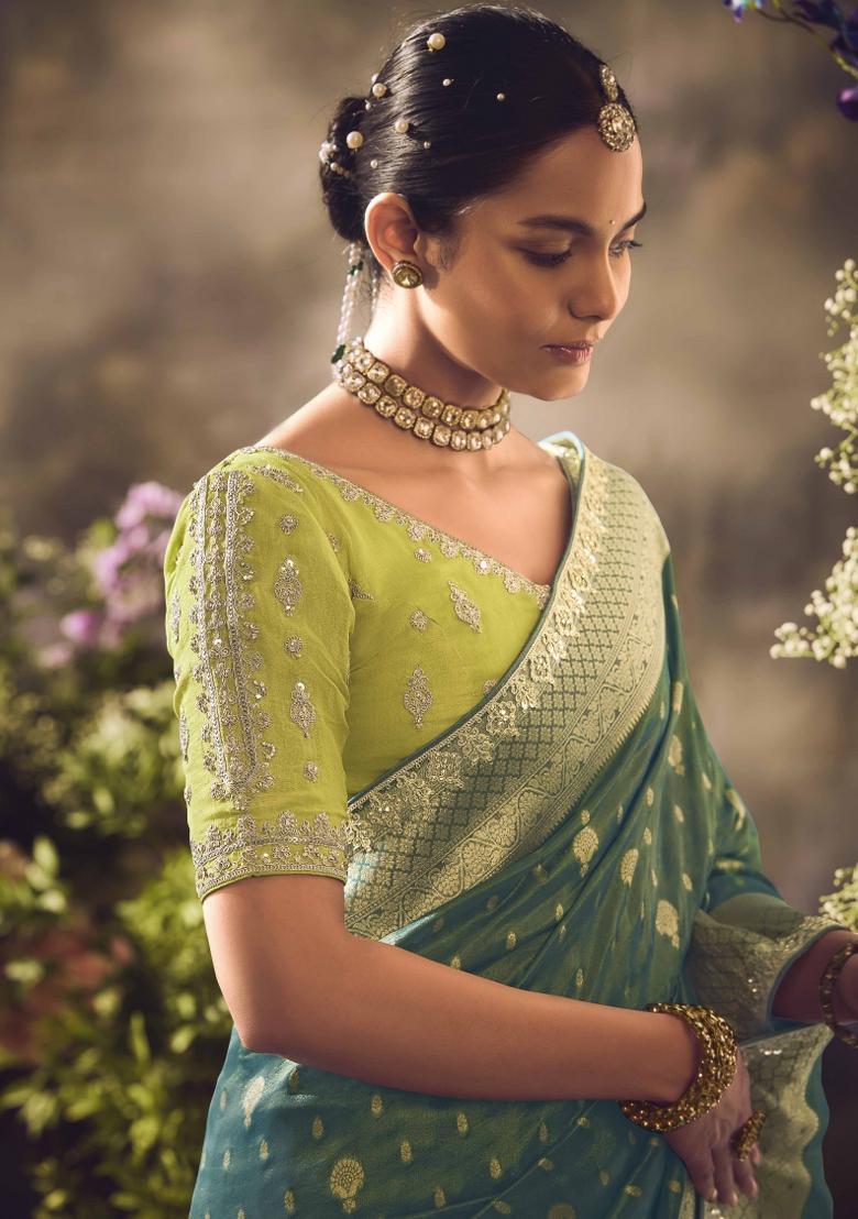 Green Embroidered Banarasi Silk Saree Set