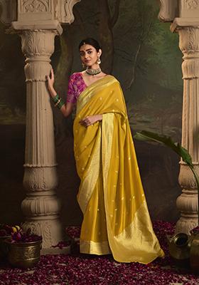 Mustard Yellow Weaving Dola Silk Saree Set
