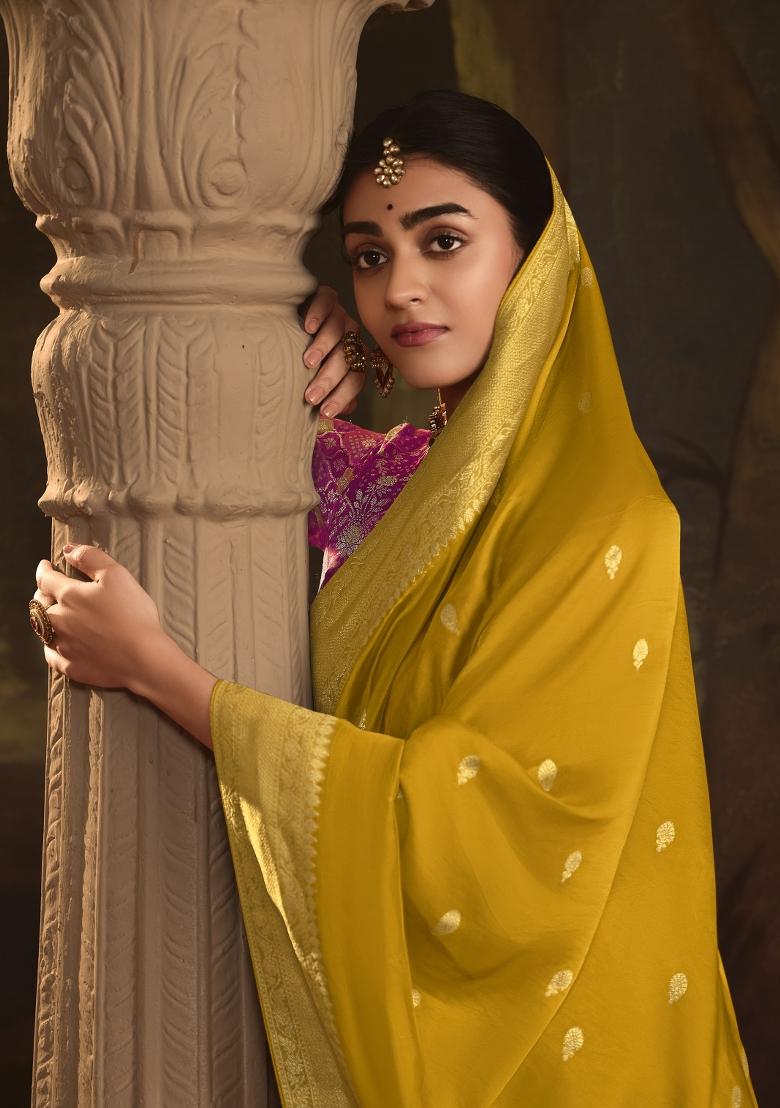 Mustard Yellow Weaving Dola Silk Saree Set