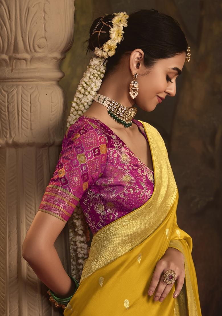 Mustard Yellow Weaving Dola Silk Saree Set