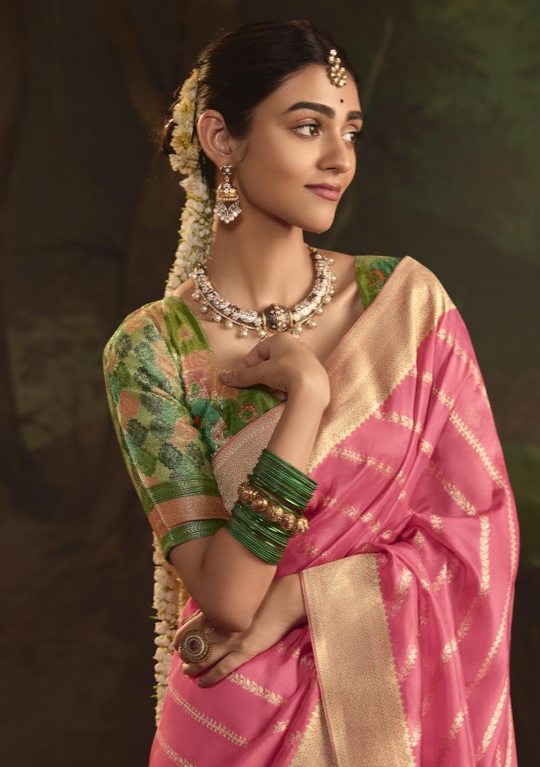 Pink Weaving Dola Silk Saree Set