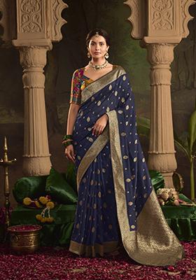 Navy Blue Weaving Dola Silk Saree Set