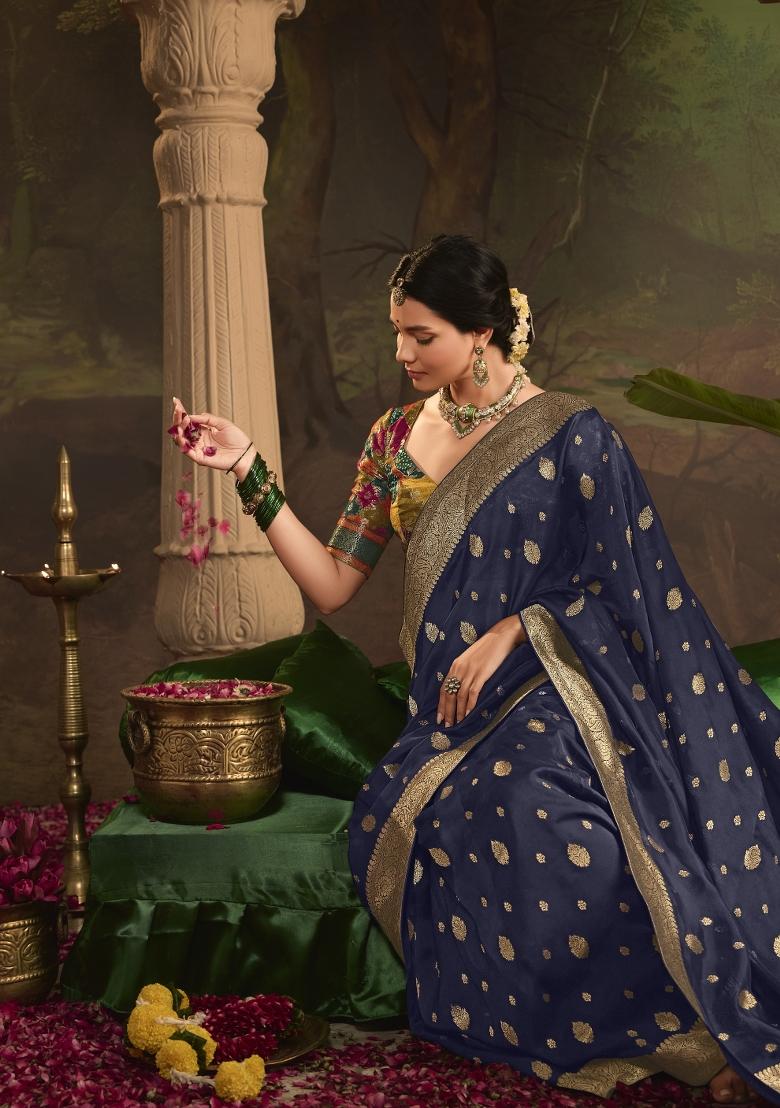 Navy Blue Weaving Dola Silk Saree Set