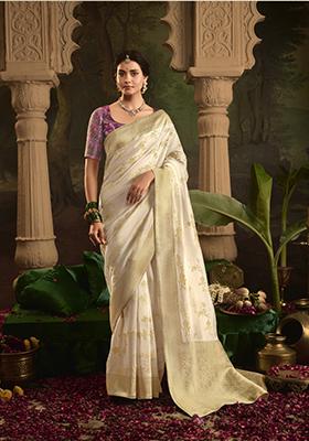 Cream Weaving Dola Silk Saree Set