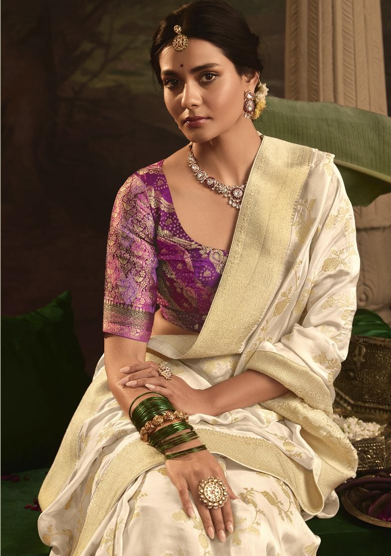 Cream Weaving Dola Silk Saree Set