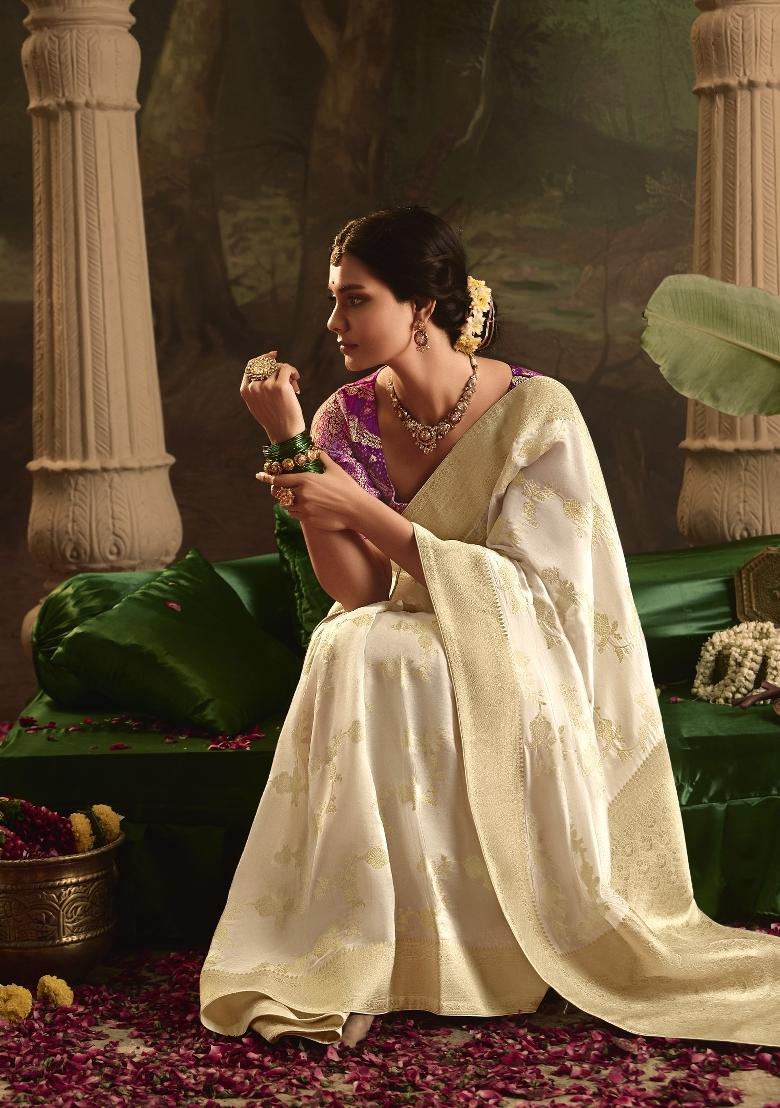 Cream Weaving Dola Silk Saree Set