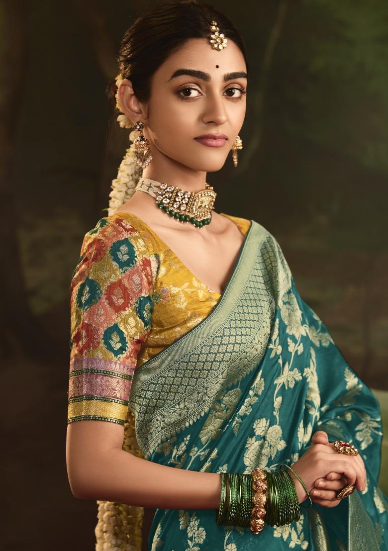 Teal Blue Weaving Dola Silk Saree Set