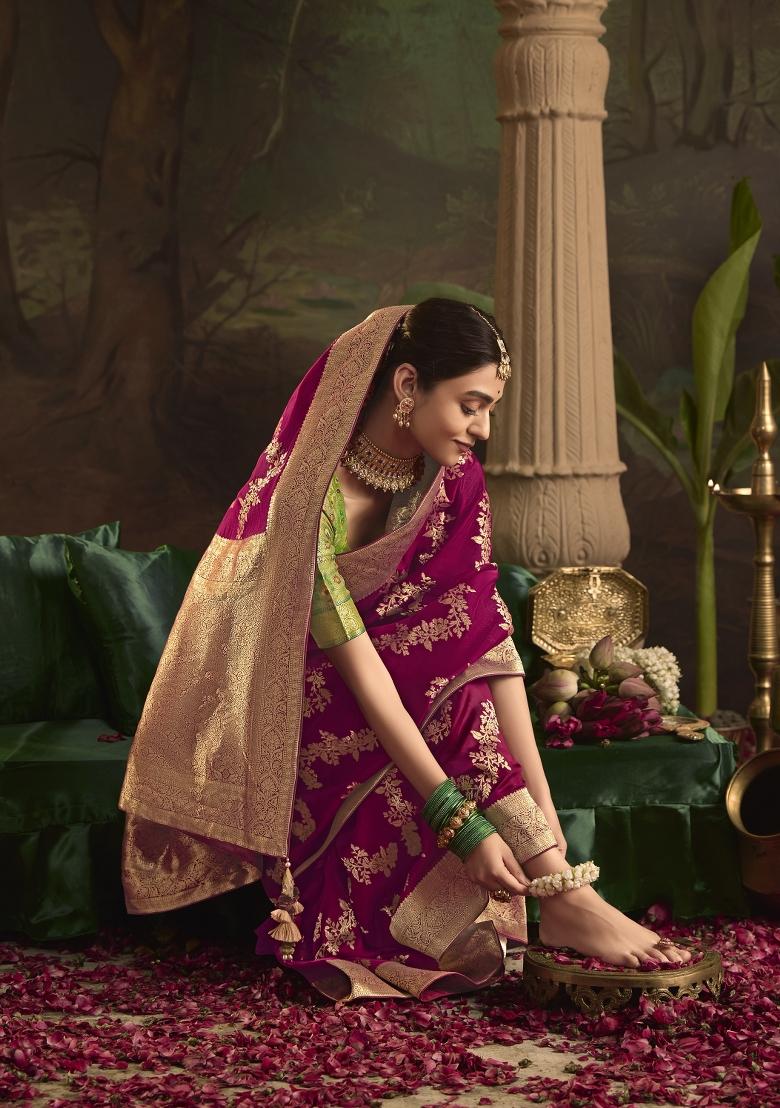 Magenta Weaving Dola Silk Saree Set