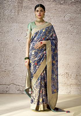 Blue Floral Print Silk Saree Set