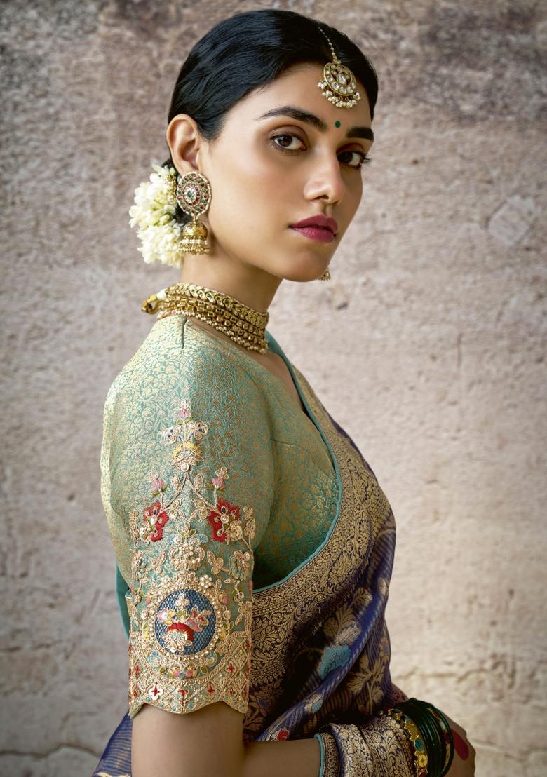 Blue Floral Print Silk Saree Set