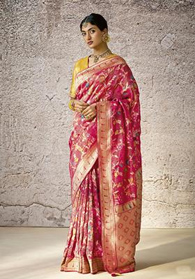 Gajri Pink Floral Print Silk Saree Set