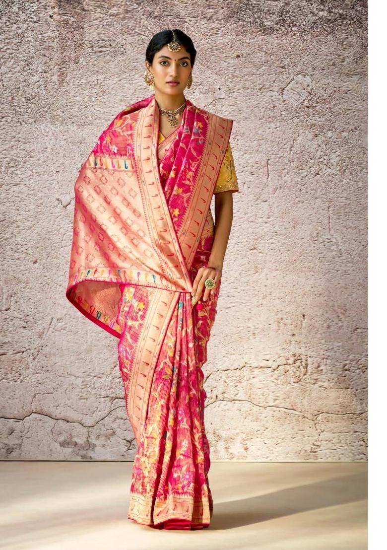 Gajri Pink Floral Print Silk Saree Set