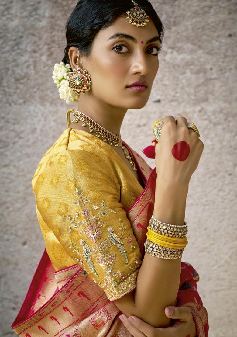 Gajri Pink Floral Print Silk Saree Set