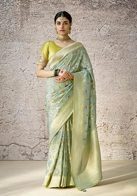 Light Green Floral Print Silk Saree Set