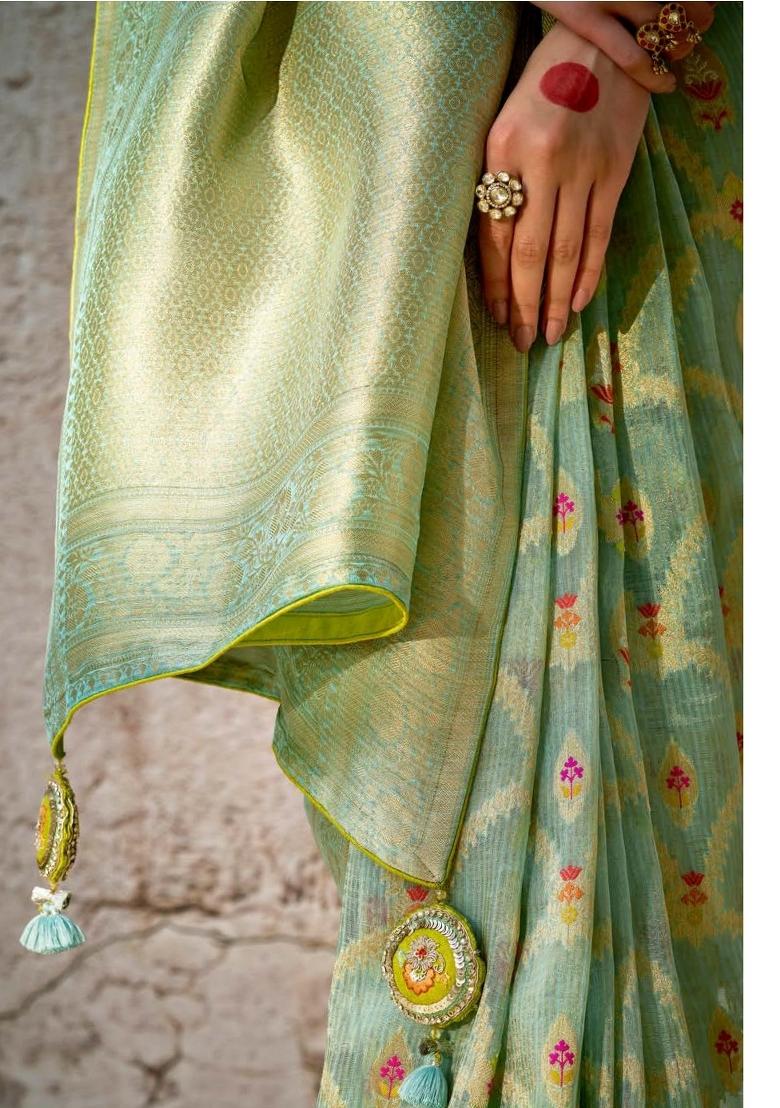 Light Green Floral Print Silk Saree Set