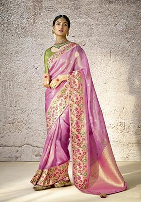 Pink Floral Print Silk Saree Set