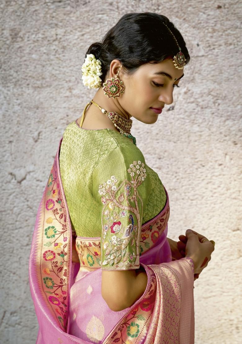 Pink Floral Print Silk Saree Set