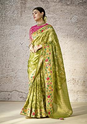 Green Floral Print Silk Saree Set