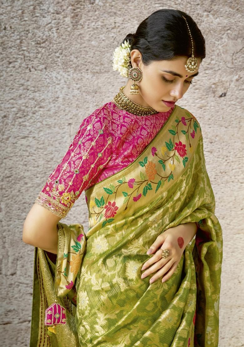 Green Floral Print Silk Saree Set
