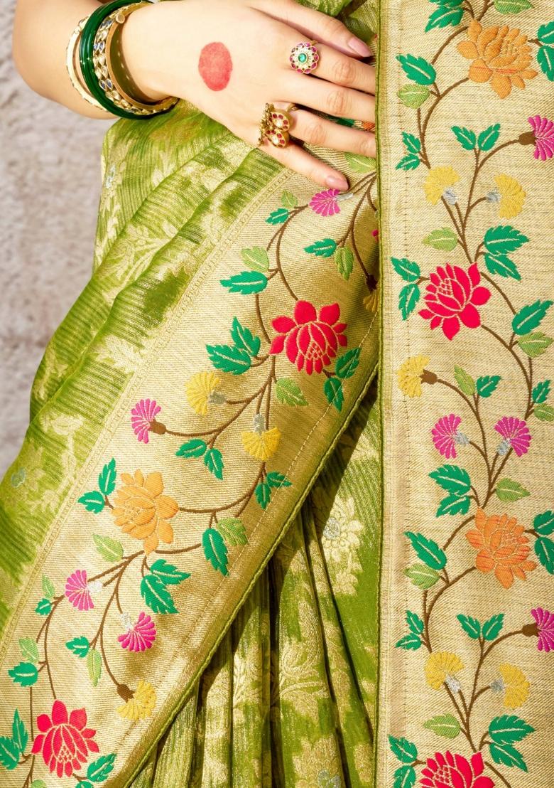 Green Floral Print Silk Saree Set