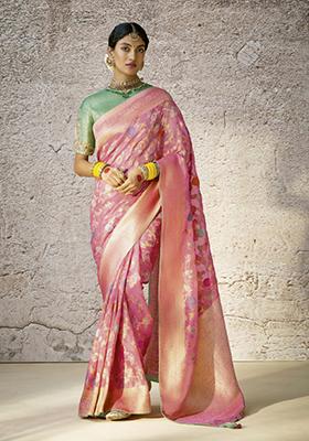 Pink Floral Print Silk Saree Set