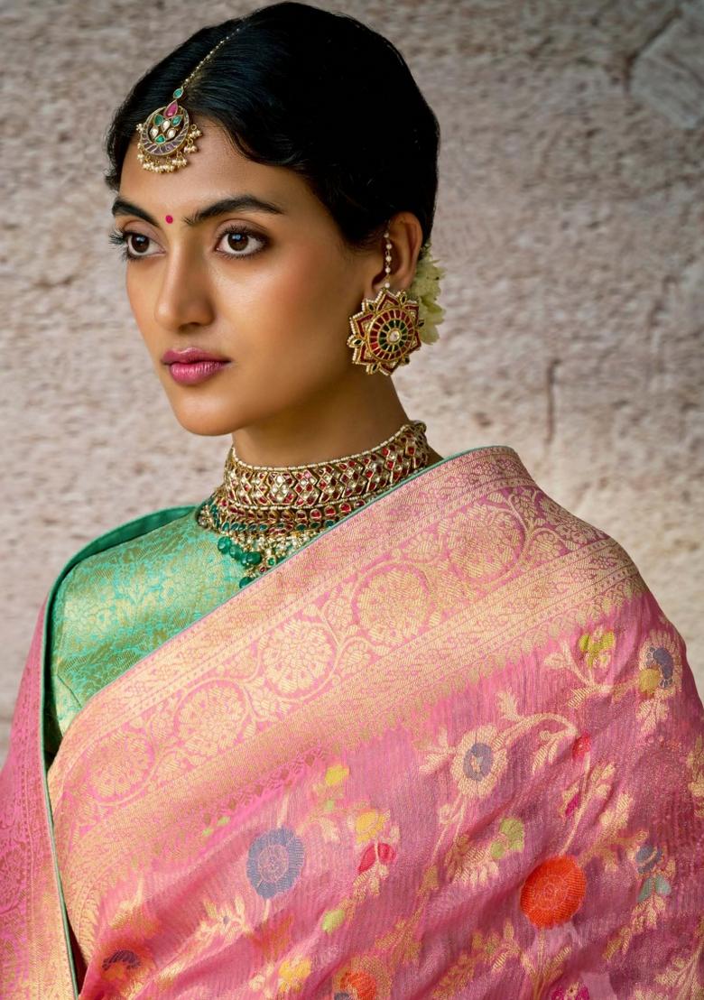 Pink Floral Print Silk Saree Set