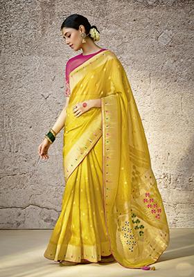 Mustard Yellow Floral Print Silk Saree Set