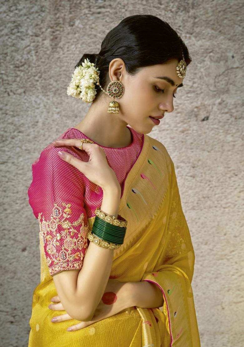 Mustard Yellow Floral Print Silk Saree Set