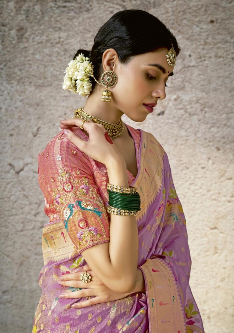 Lavender Floral Print Silk Saree Set