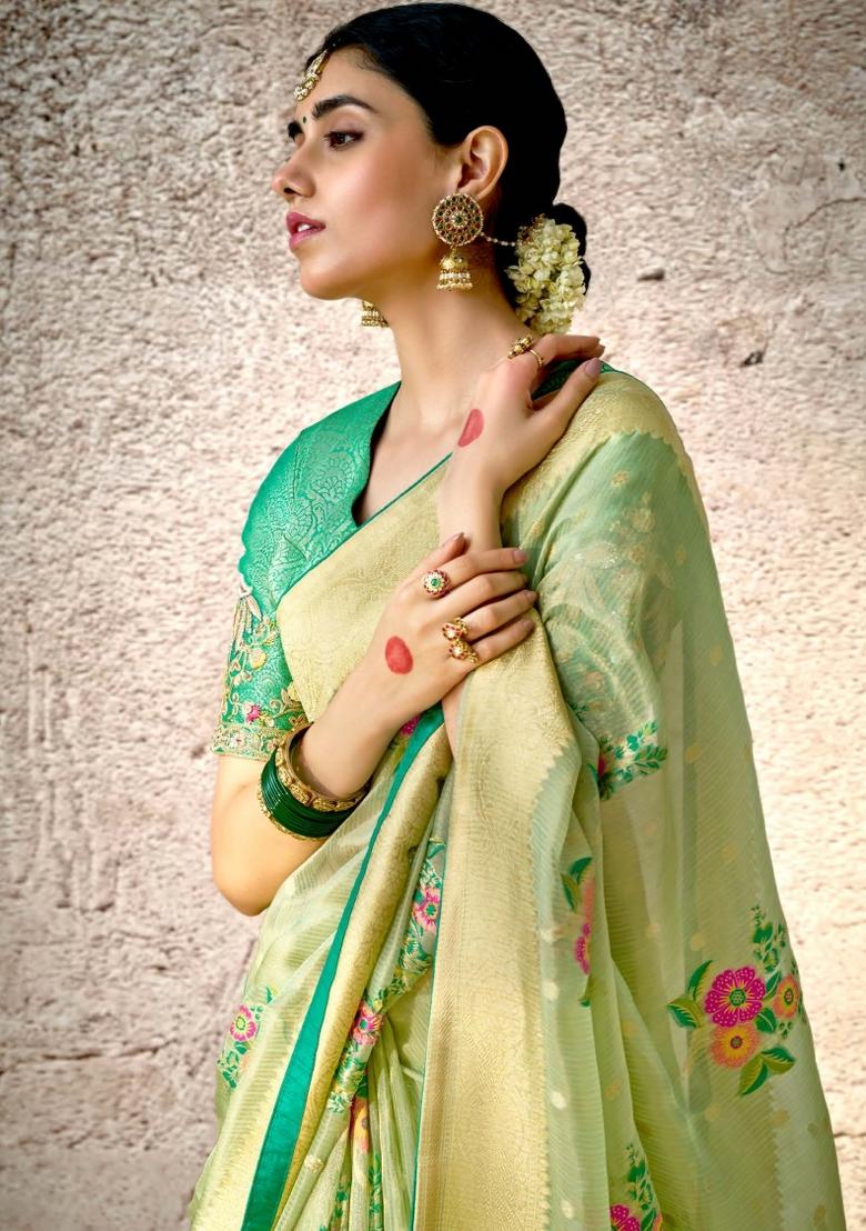 Green Floral Print Silk Saree Set