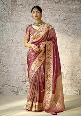 Brown Floral Print Silk Saree Set