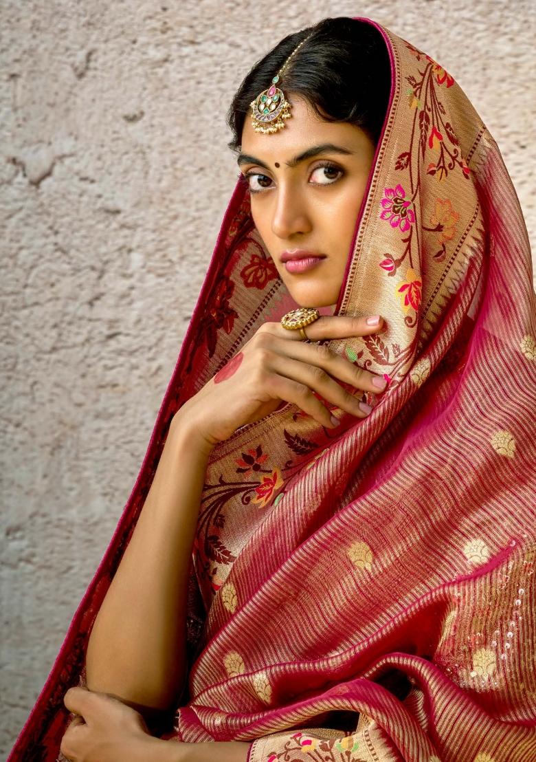 Brown Floral Print Silk Saree Set