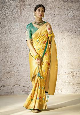 Yellow Floral Print Silk Saree Set