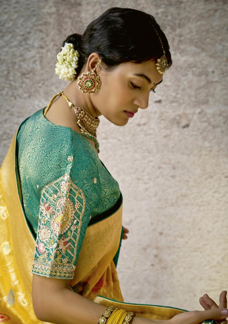 Yellow Floral Print Silk Saree Set