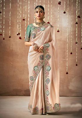 Peach Sequin Work Dola Silk Saree Set