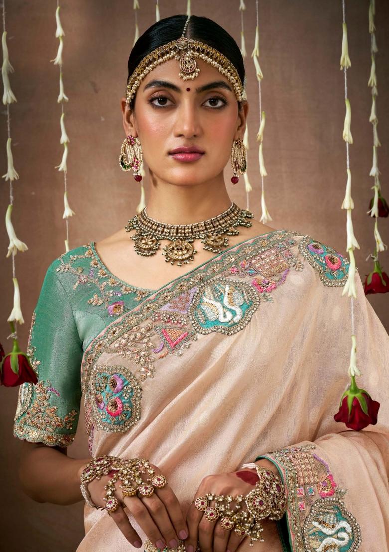 Peach Sequin Work Dola Silk Saree Set