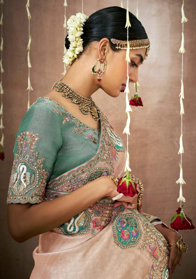 Peach Sequin Work Dola Silk Saree Set