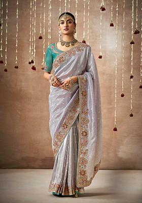 Grey Sequin Work Dola Silk Saree Set
