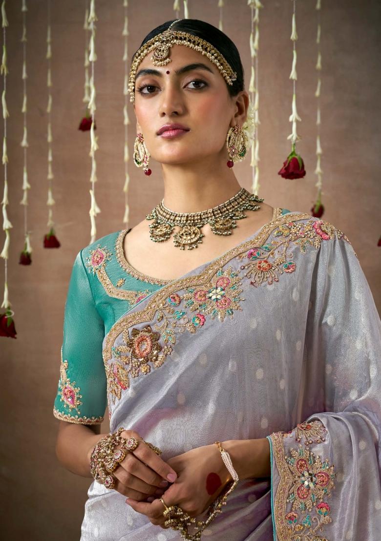 Grey Sequin Work Dola Silk Saree Set