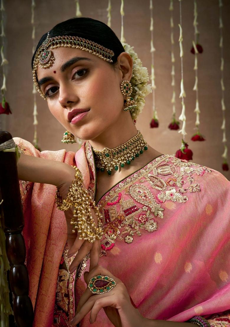 Pink Sequin Work Dola Silk Saree Set